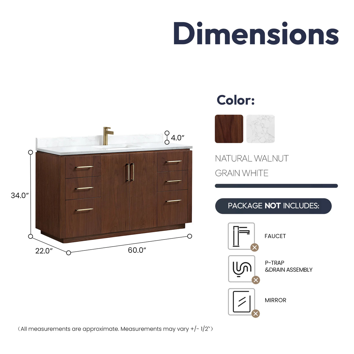 Dimension drawing marking overall width, depth and height of the 60 inch single vanity without mirror
