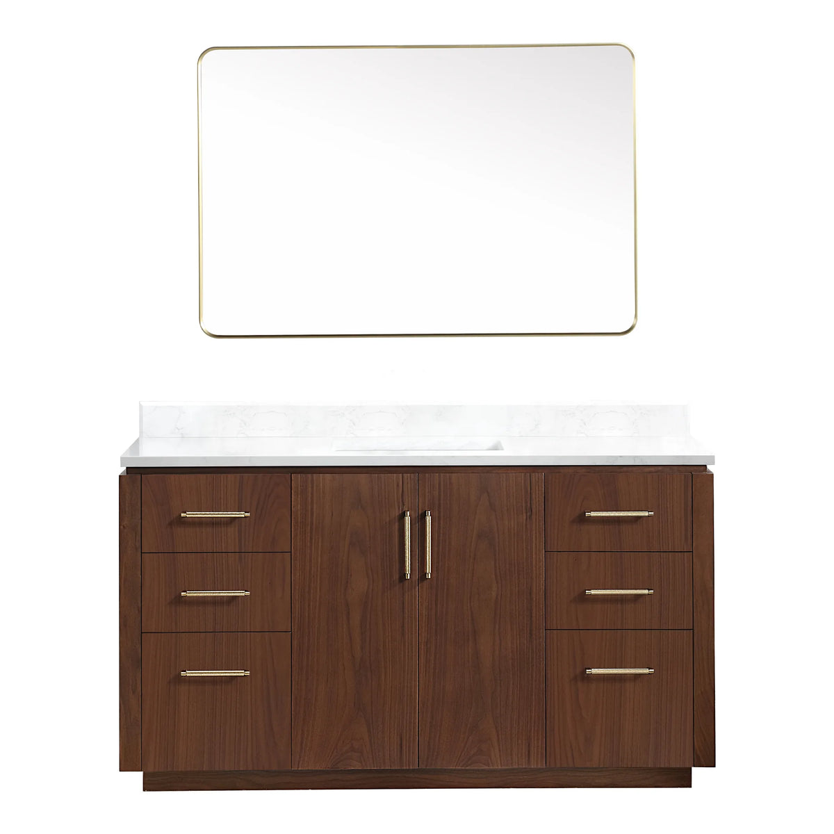 Front view of the 60 inch vanity with mirror, Natural Walnut finish, white background