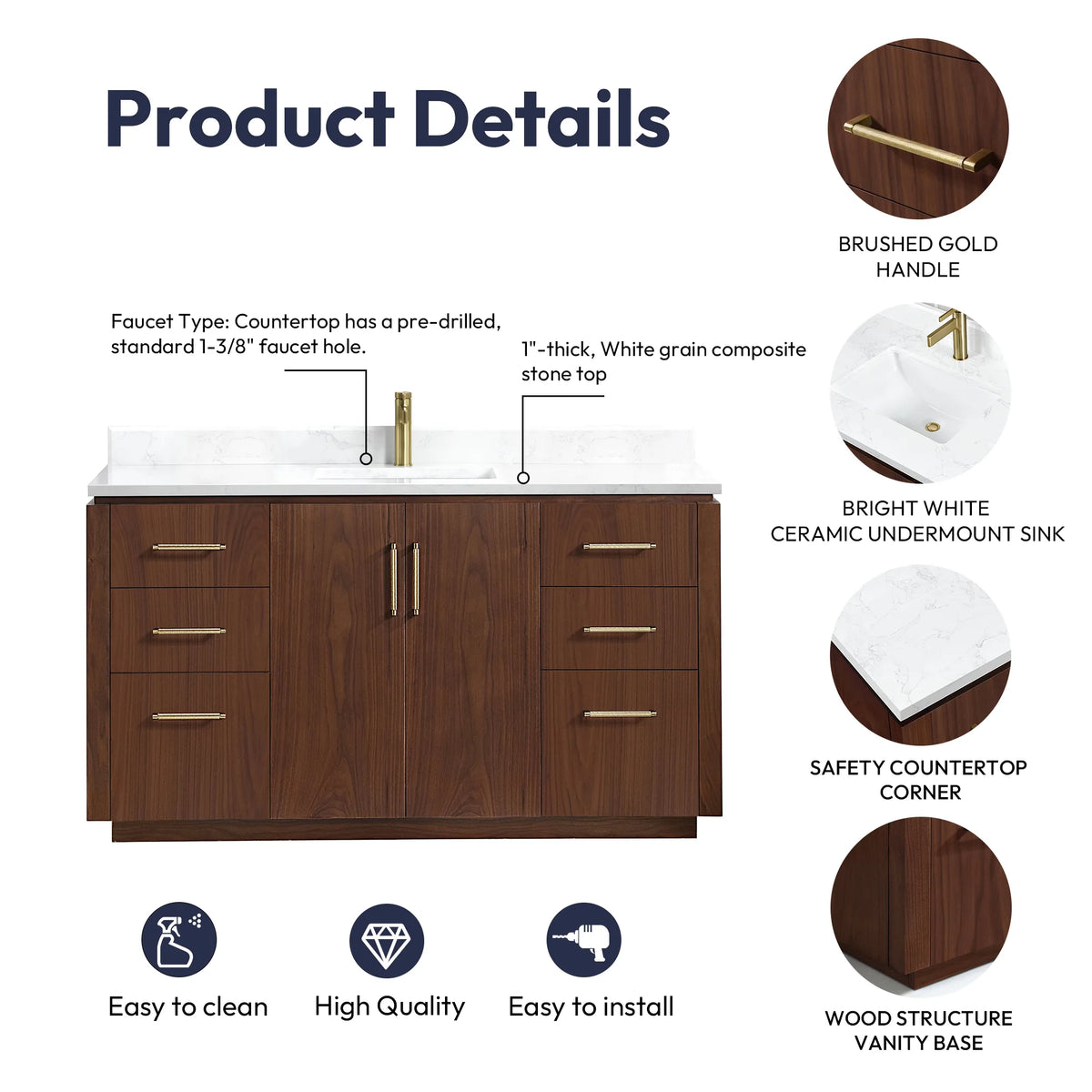 Details graphic of the 60 inch vanity with handle, ceramic sink, countertop corner and base labels