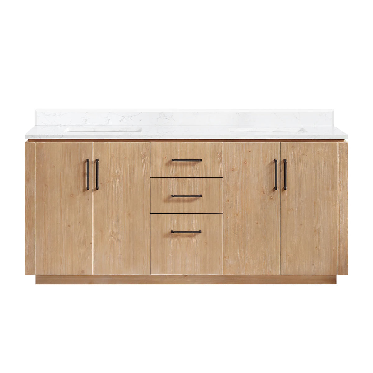 Front view of a Fir Wood Brown 72 inch double bathroom vanity on white with Matte Black pulls and a plinth base