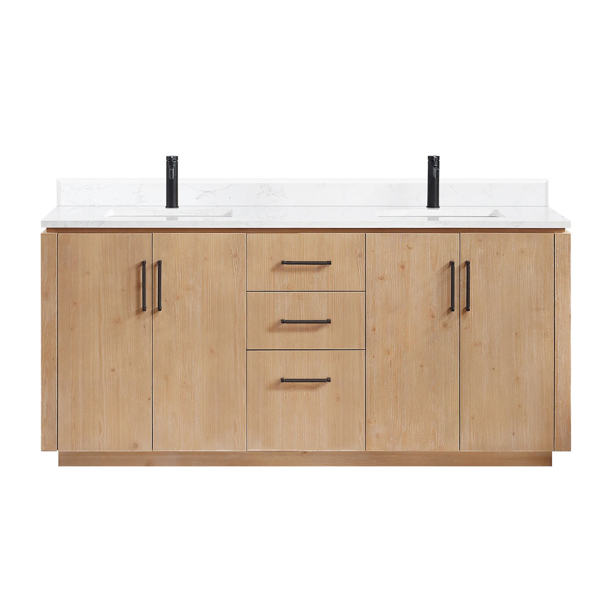 Studio front view on white of the 72 inch double vanity with center drawers and doors on both sides