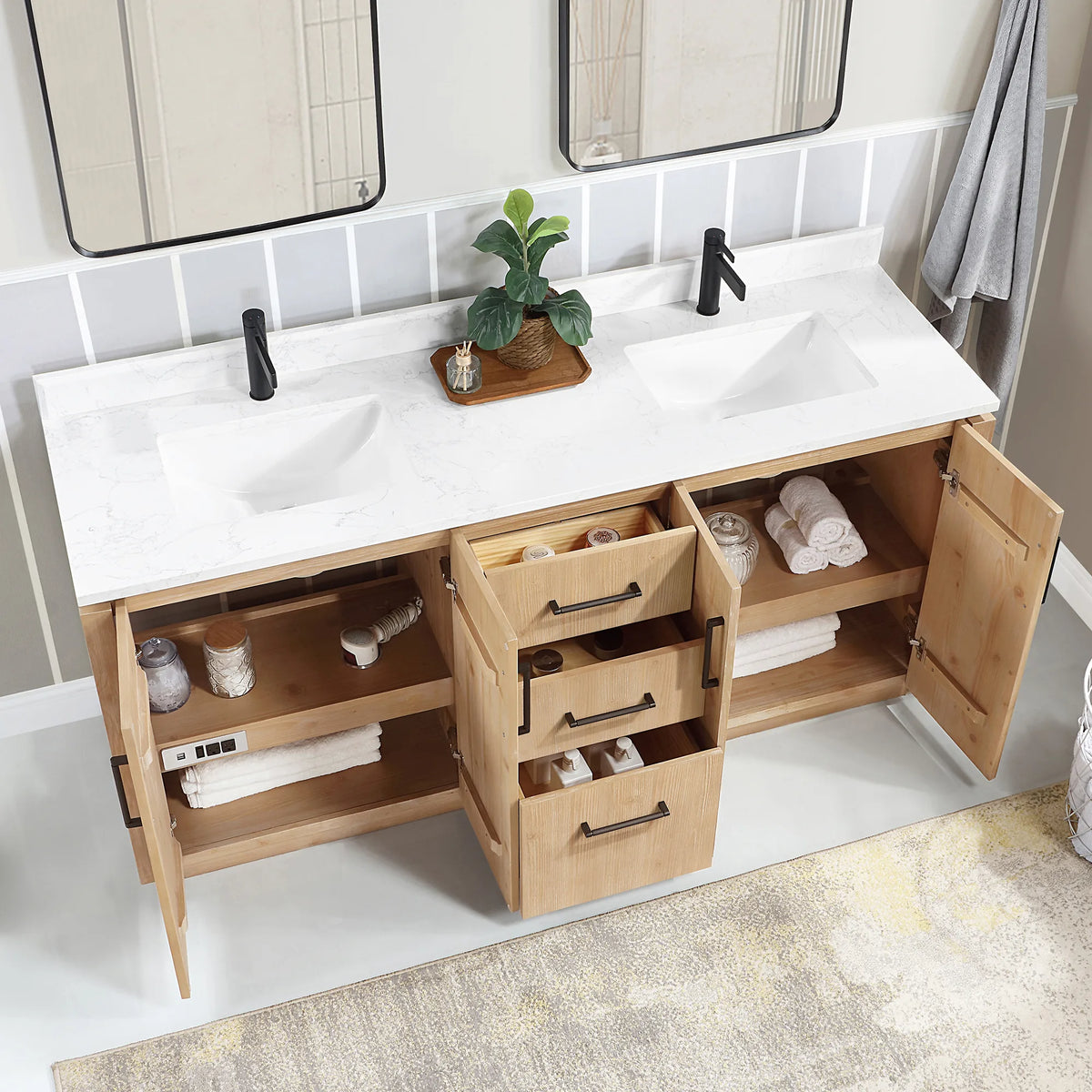 High-angle view of the 72 inch double vanity with a door and drawers open, towels and toiletries inside