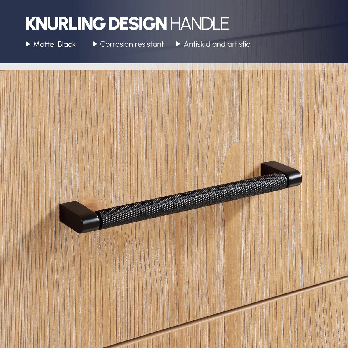 Handle design graphic: knurled Matte Black bar handle on a light wood drawer front