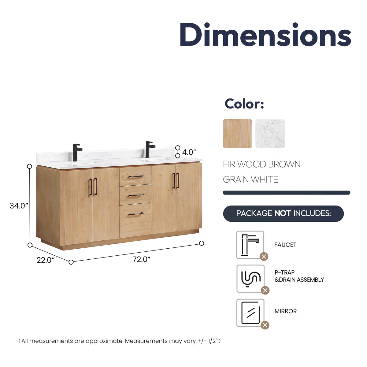 Dimension drawing showing overall width, depth and height of the 72 inch double vanity, no mirrors drawn