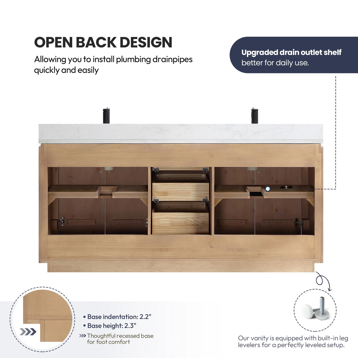 Open back vanity cutaway with a clear plumbing space and a base indentation inset