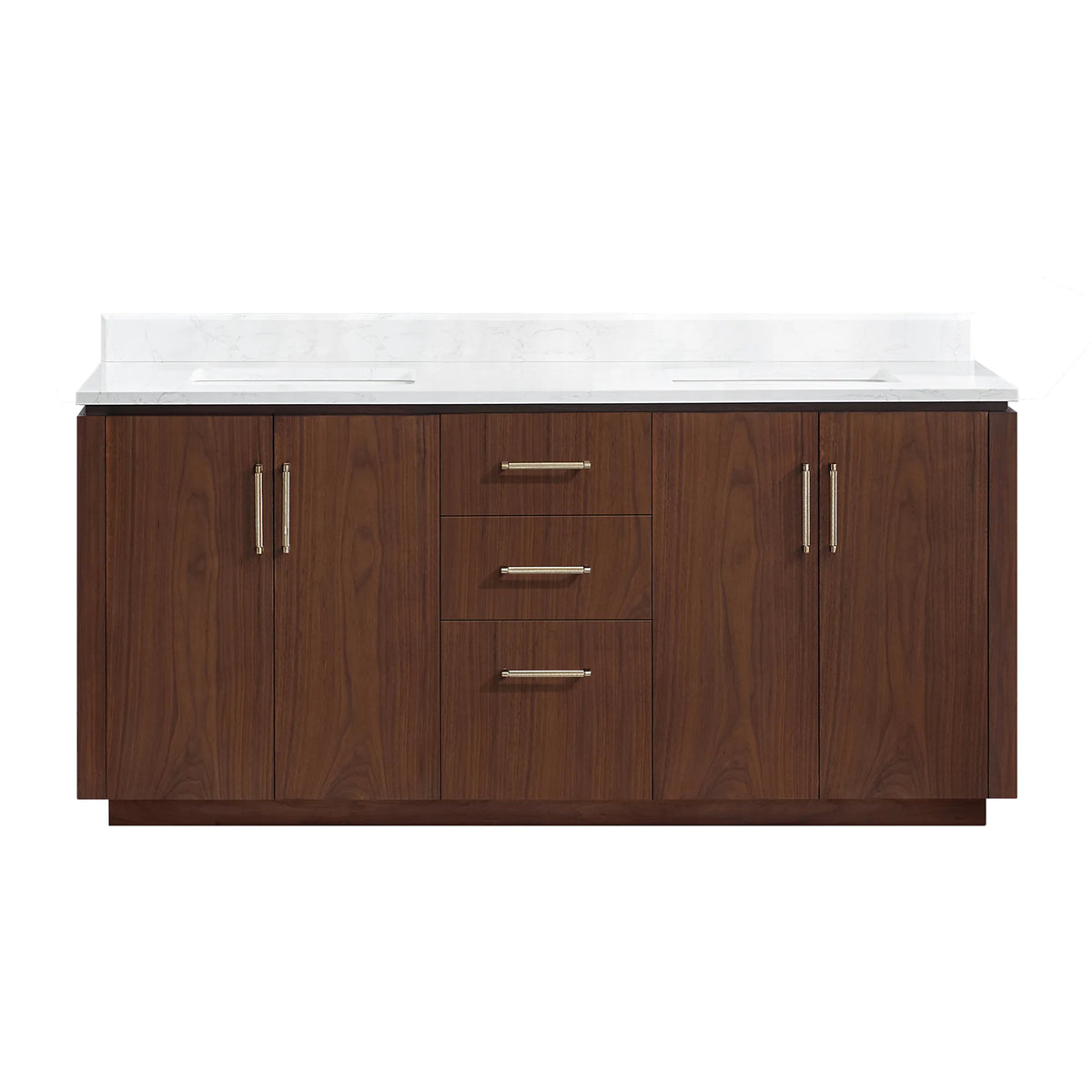 Front view of a 72 inch Natural Walnut double bathroom vanity with white grain composite stone top