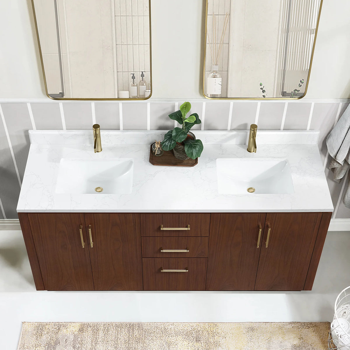 High-angle view of the undermount sink area, plant tray and stone top over the doors and drawers