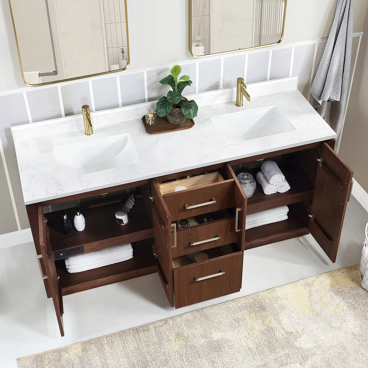Interior view of the double vanity with the doors open and the center drawers extended