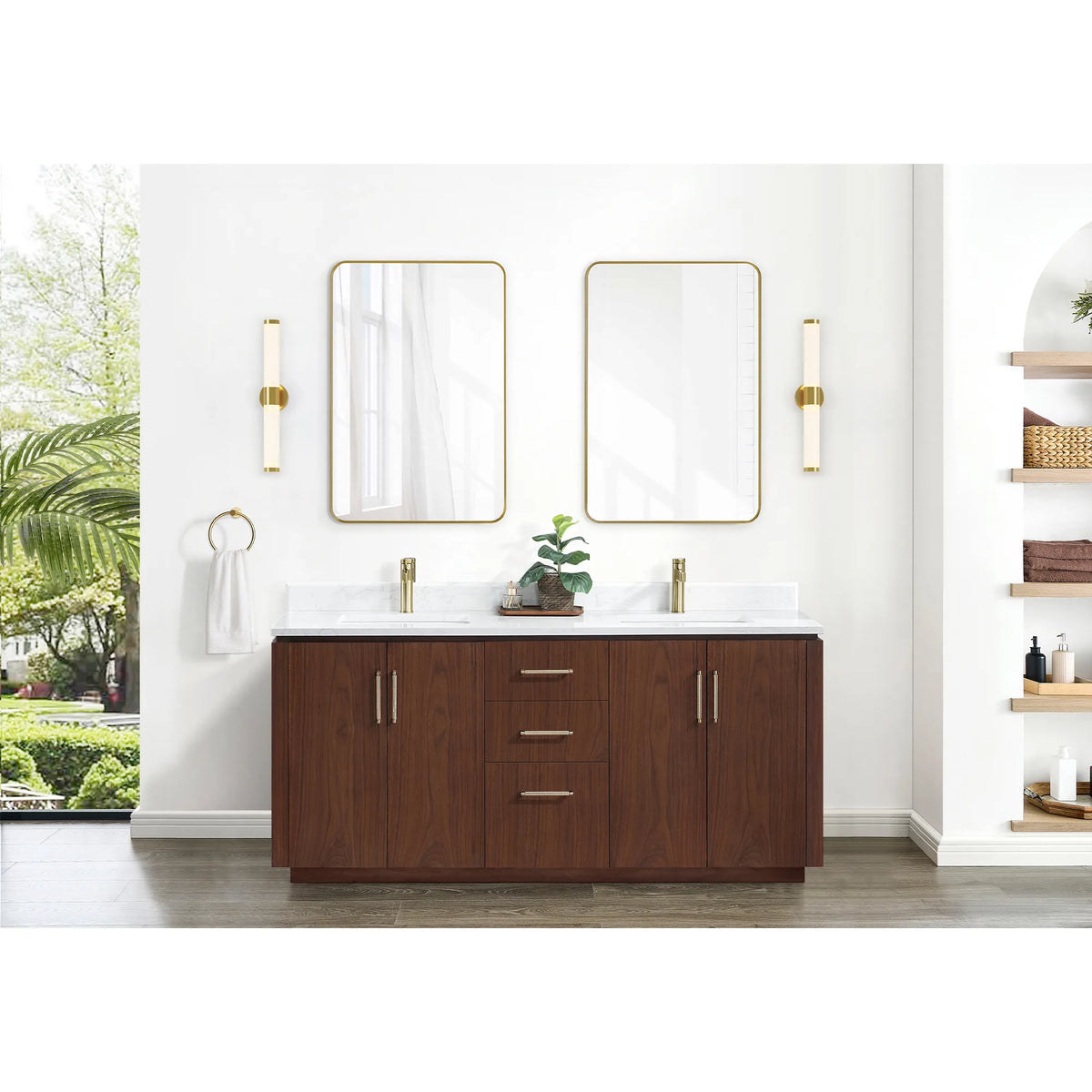 Room scene of the 72 inch double vanity with mirrors, wall lights, a towel ring and shelving