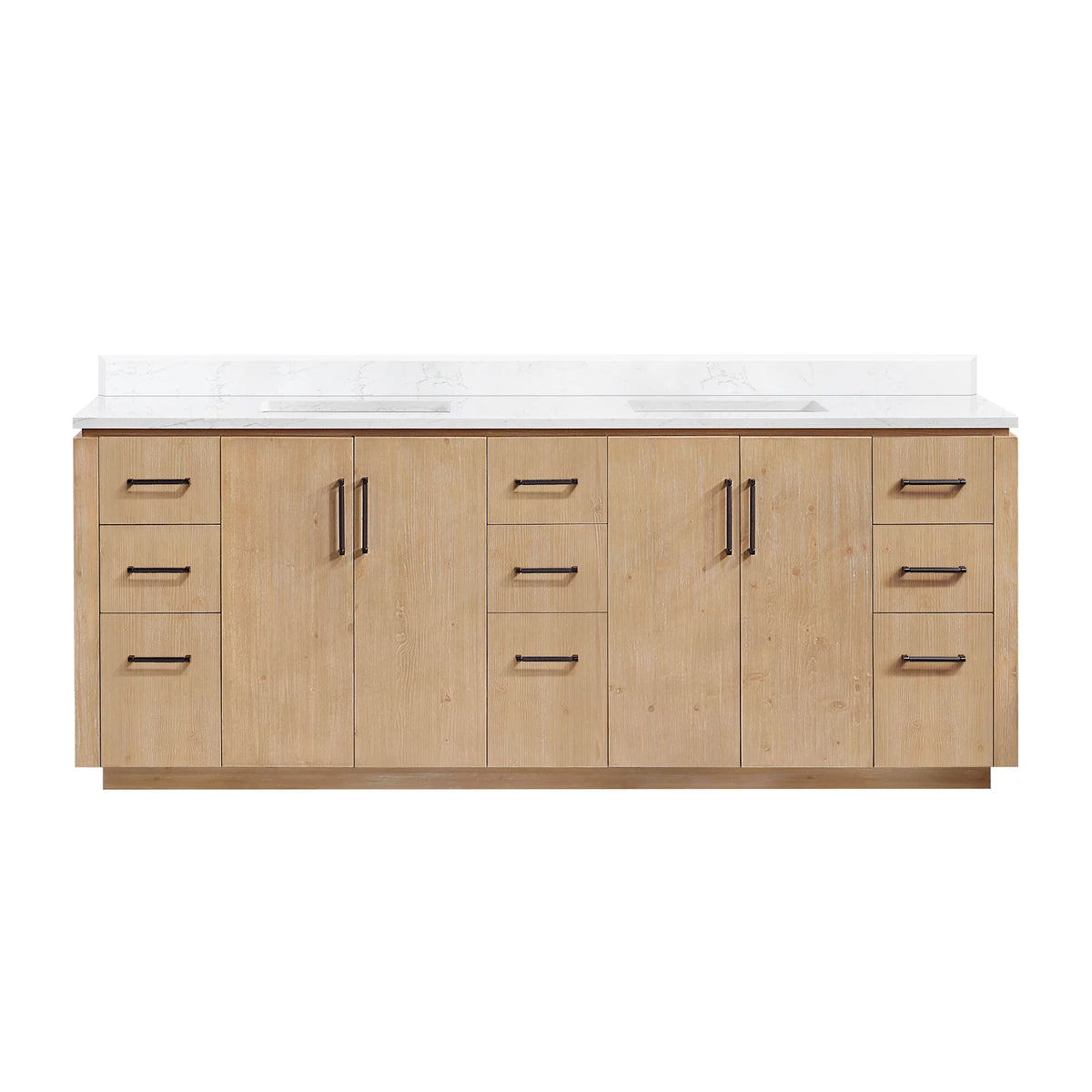 Front view of a Fir Wood Brown 84 inch double bathroom vanity on white with Matte Black pulls and a plinth base