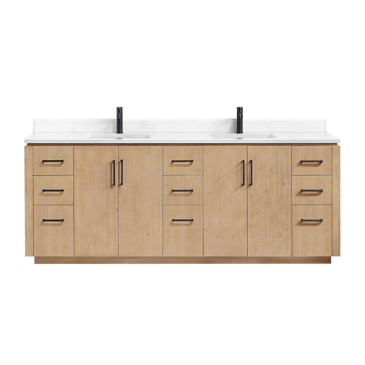 Studio front view on white of the 84 inch double vanity with drawer banks and doors across the front