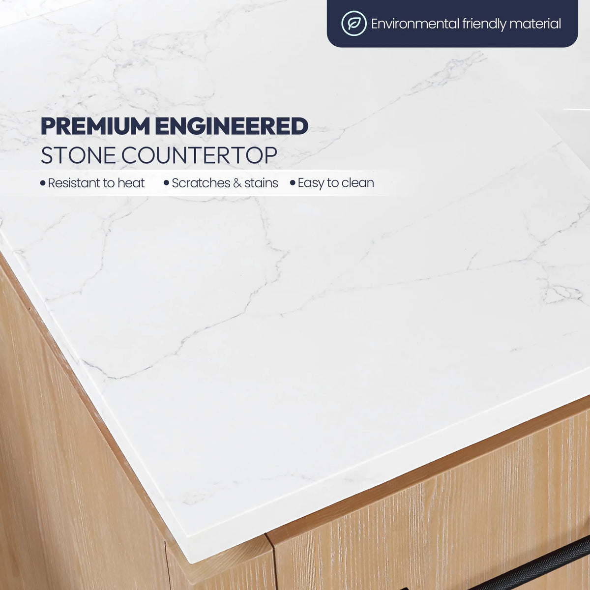 Stone countertop callout: white grain composite top and its edge above the 84 inch vanity cabinet