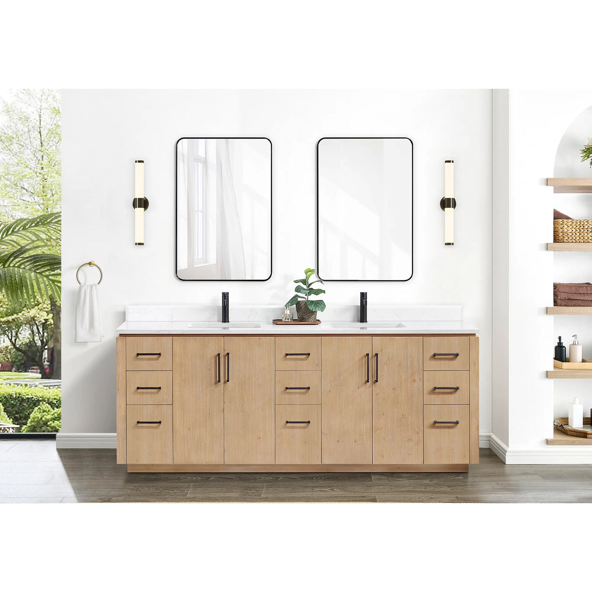 Wide shot of the 84 inch vanity with paired mirrors, wall lights and shelving next to a window