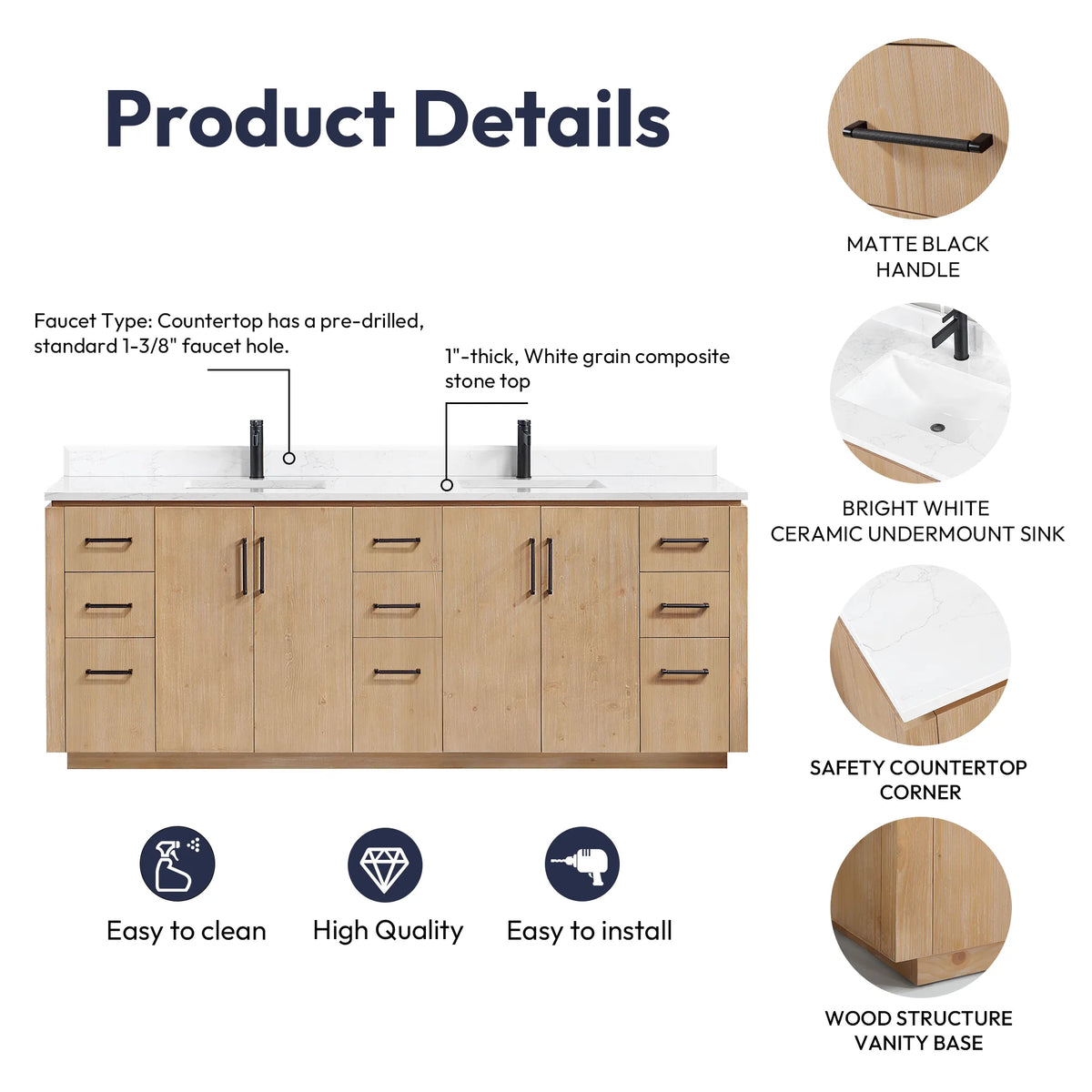 Product details diagram labeling the Matte Black handle, ceramic undermount sink and stone top corner