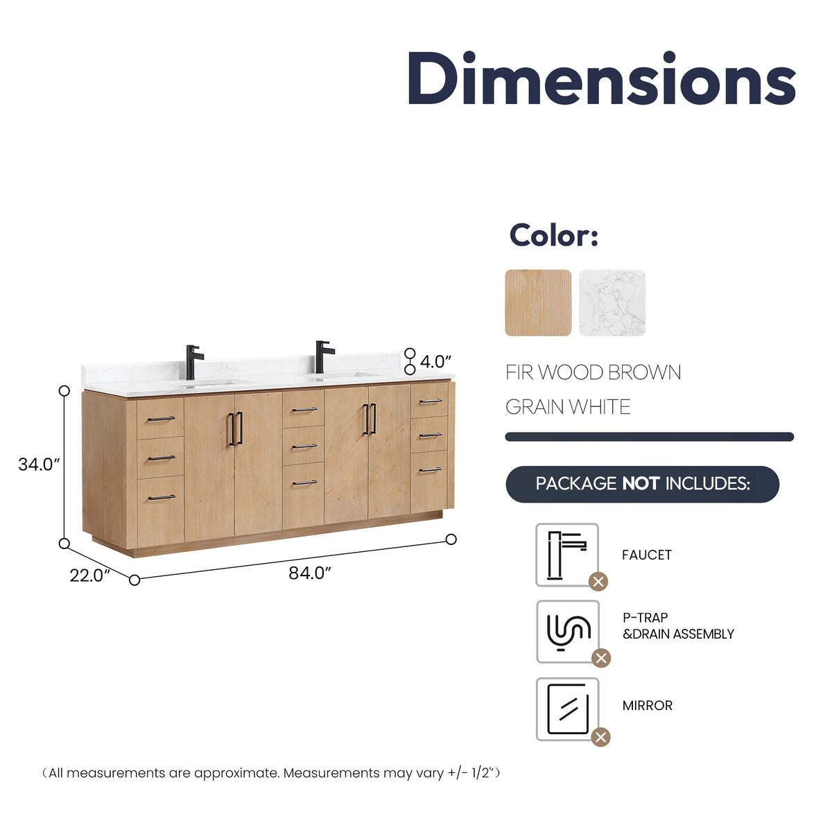 Dimension drawing showing overall width, depth and height of the 84 inch double vanity, no mirrors drawn
