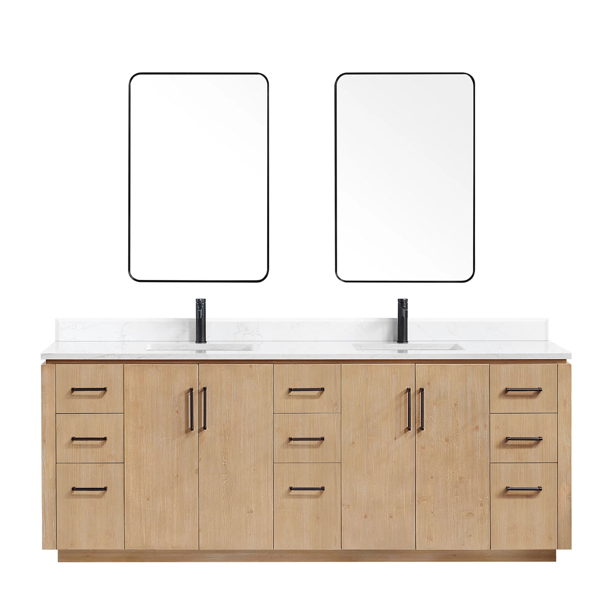 Front view of the 84 inch vanity with its matching mirrors above, white studio background