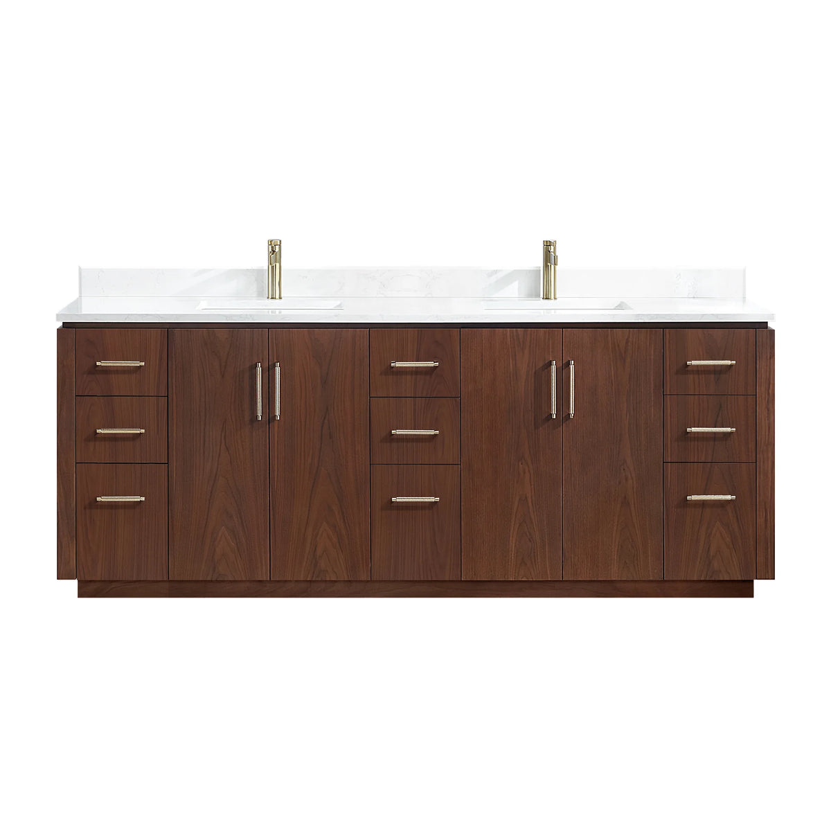 White-background front shot of the Natural Walnut double vanity with drawers at the ends and doors in the middle