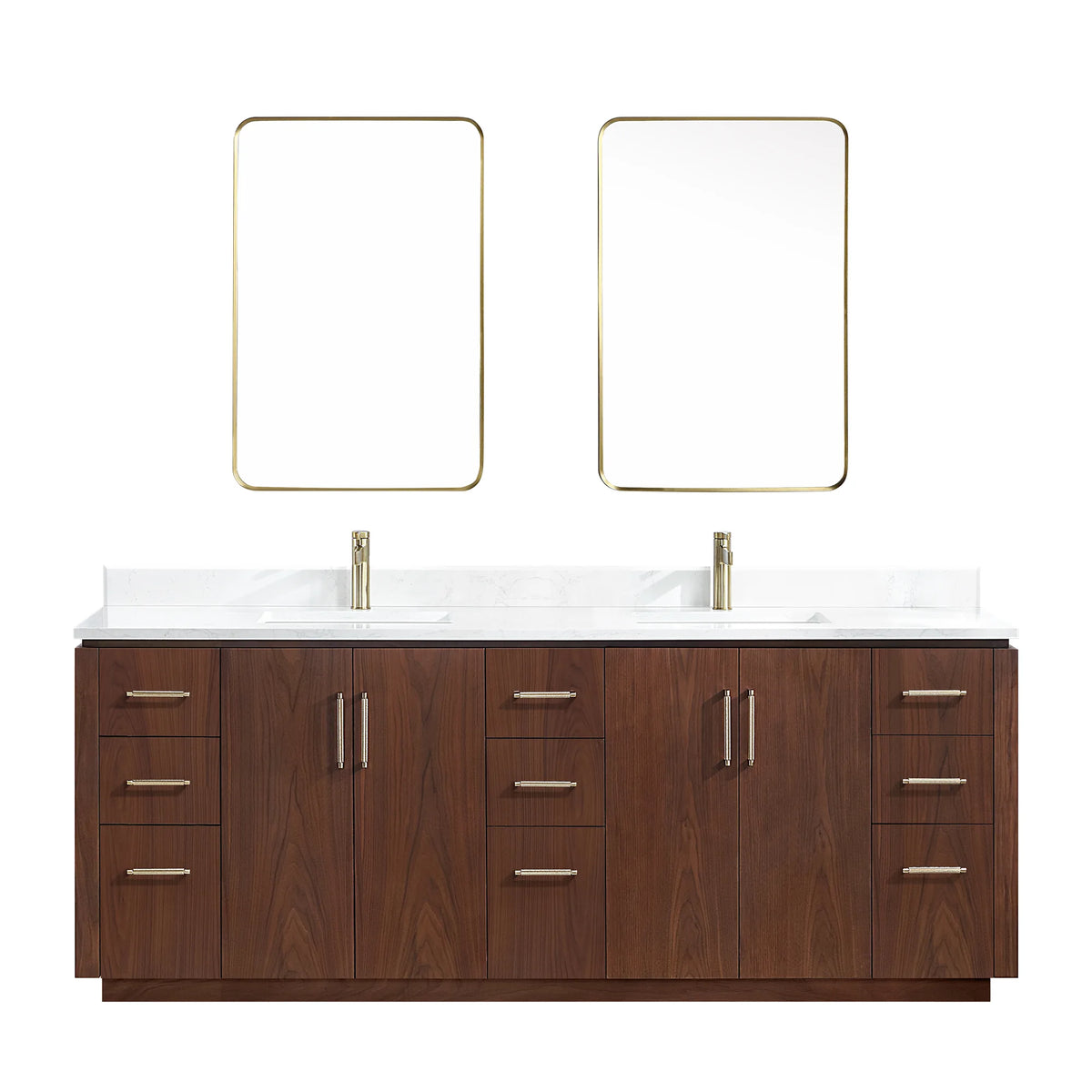 Studio view of the 84 inch double vanity with mirrors and a white grain composite stone top