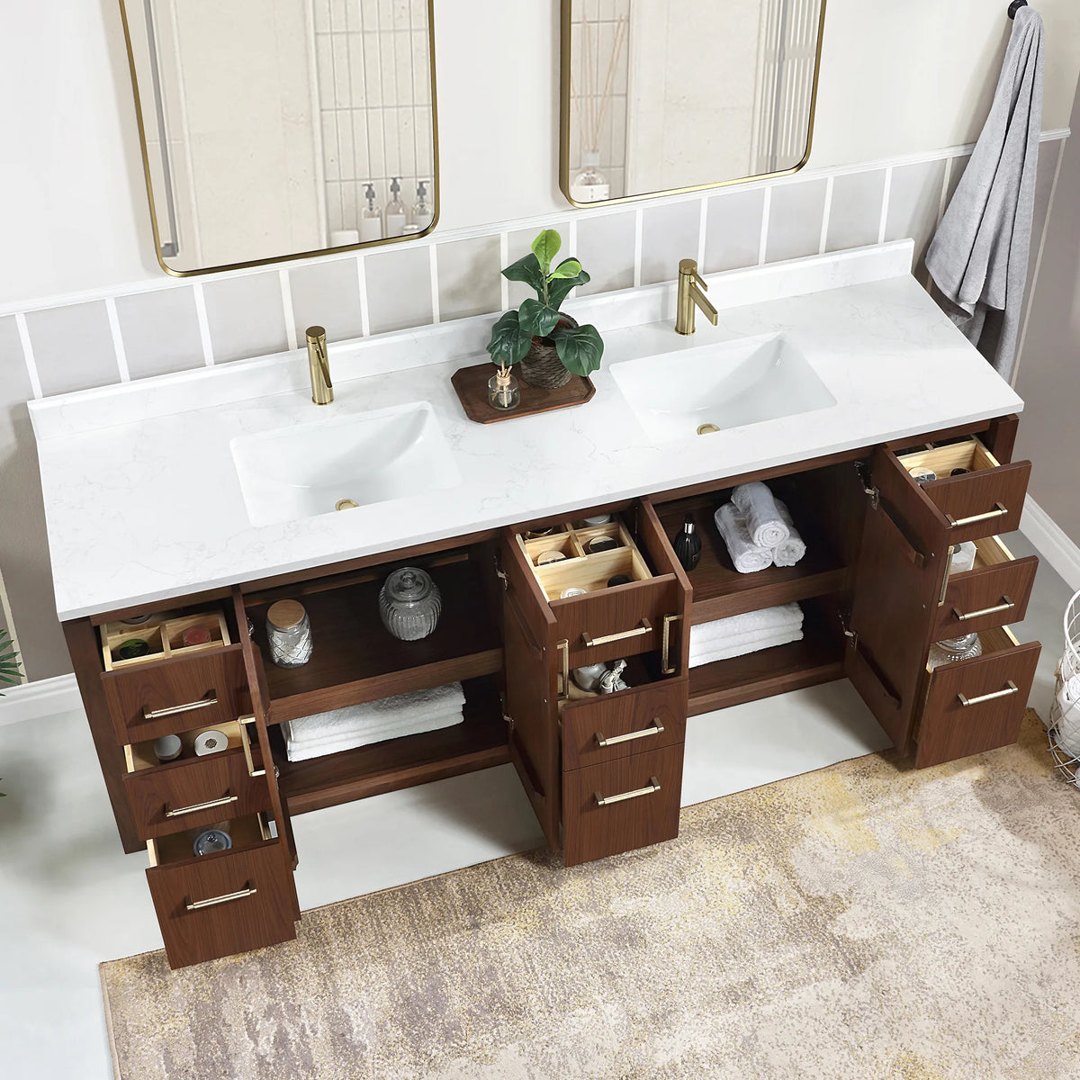 Interior view of the double vanity with doors open and drawers extended at both ends