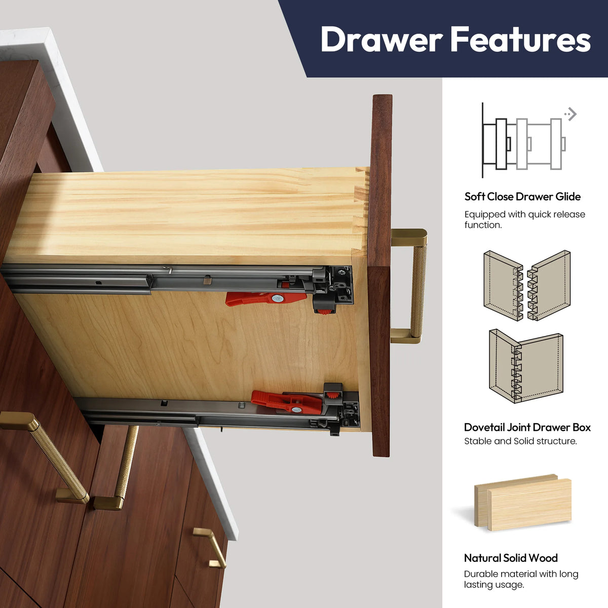 Drawer features callout with soft close glide and dovetail joint on a pulled-out drawer
