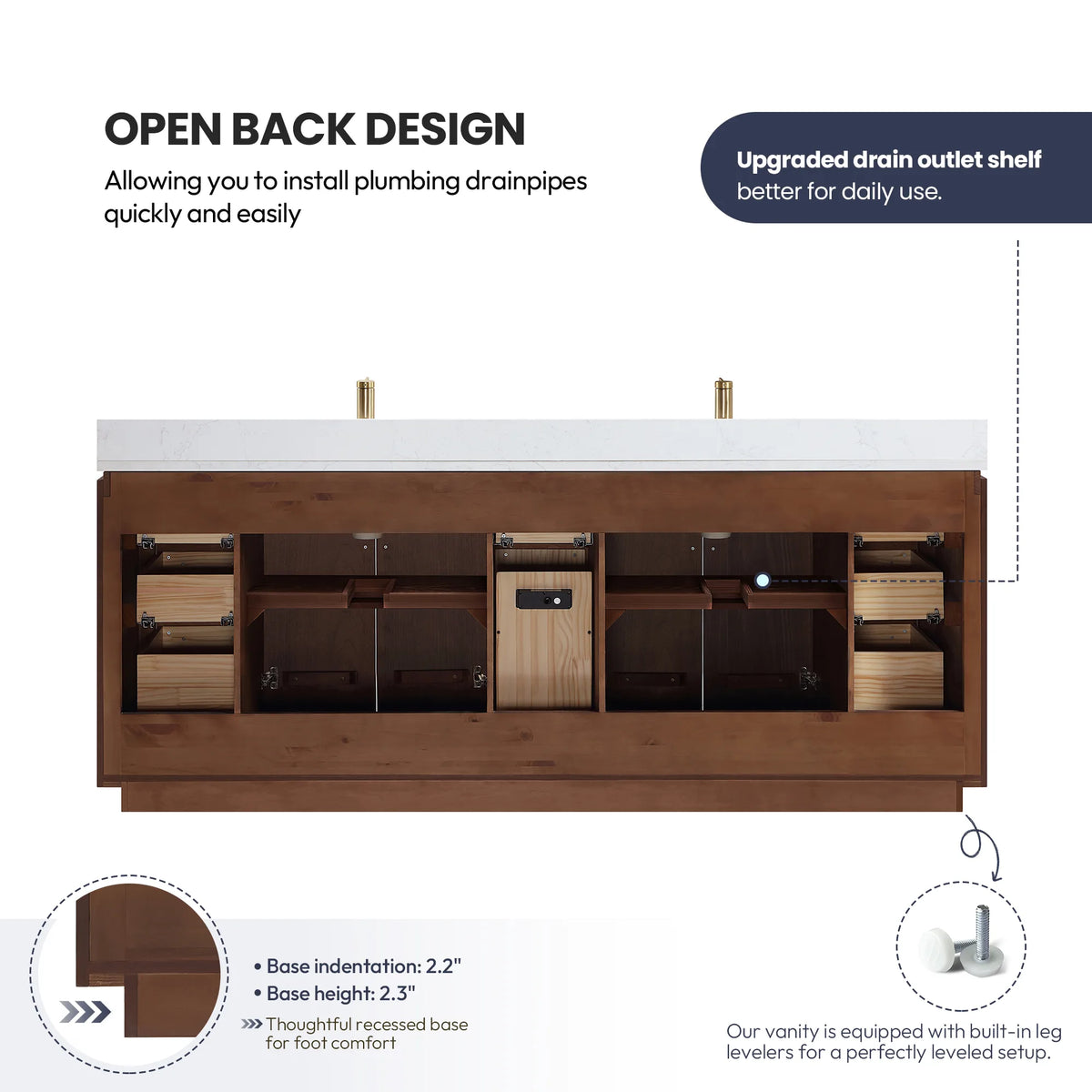 Open back design diagram of the double vanity cabinet from the front