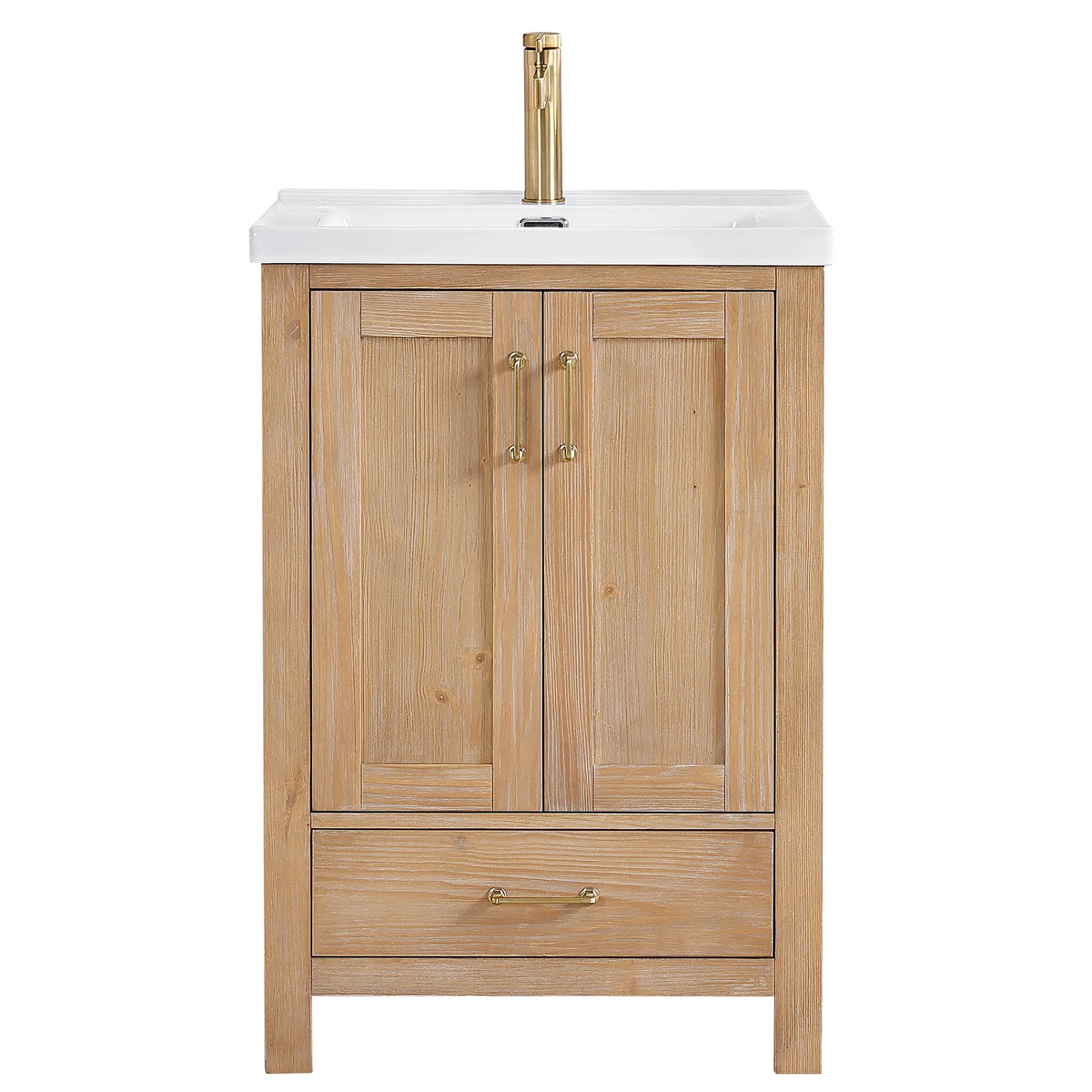Gold faucet set in the pre-drilled hole of the ceramic top, faucet sold separately