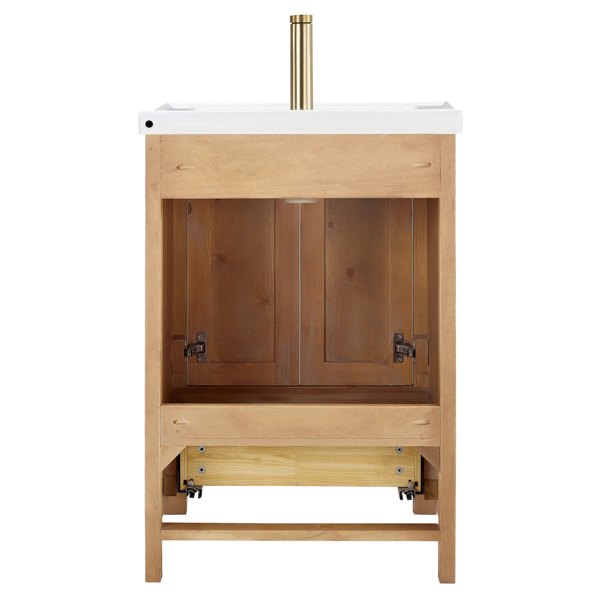Cabinet from behind on white: no back panel, with the door hardware and the drawer box exposed