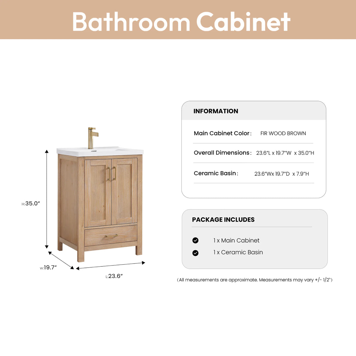 Sizing page: cabinet and basin measurements for the 24 inch vanity, plus what is in the package