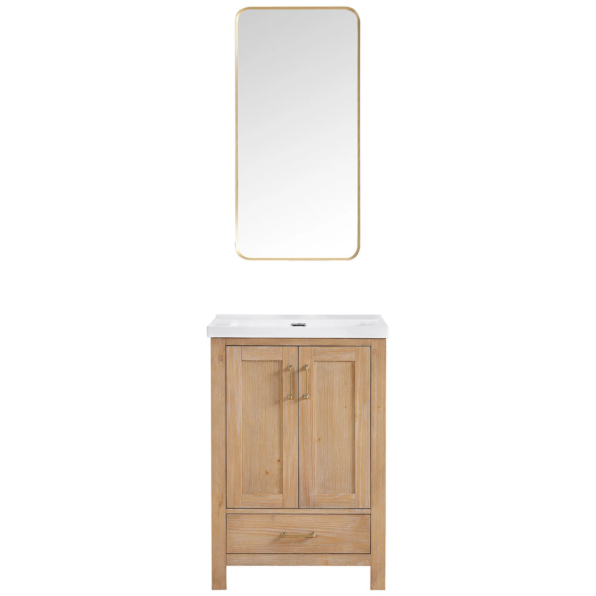 Rounded-corner gold mirror paired with the Fir Wood Brown cabinet and its ceramic top