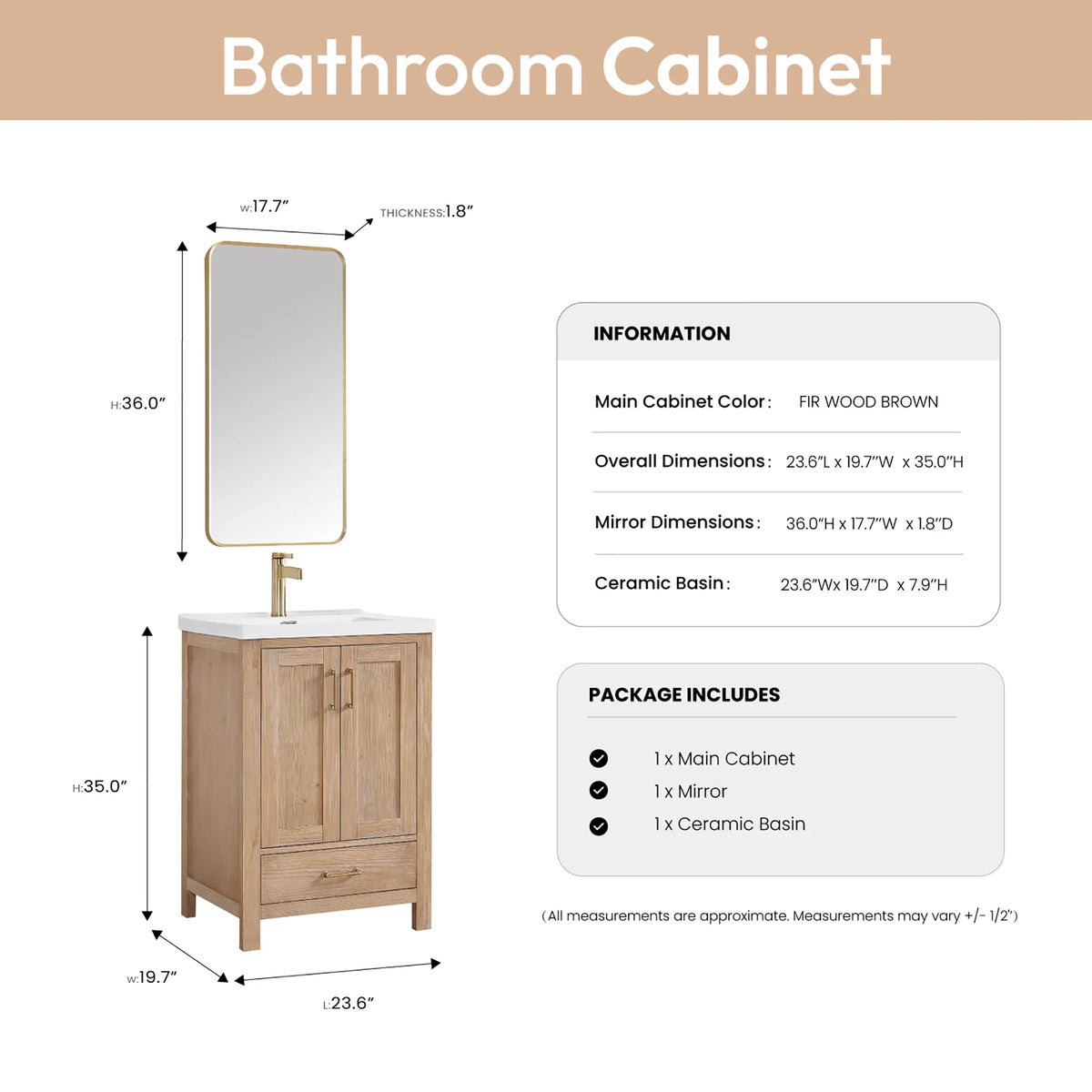 Cabinet, mirror and basin measured out on a sizing page, with the package contents beside them