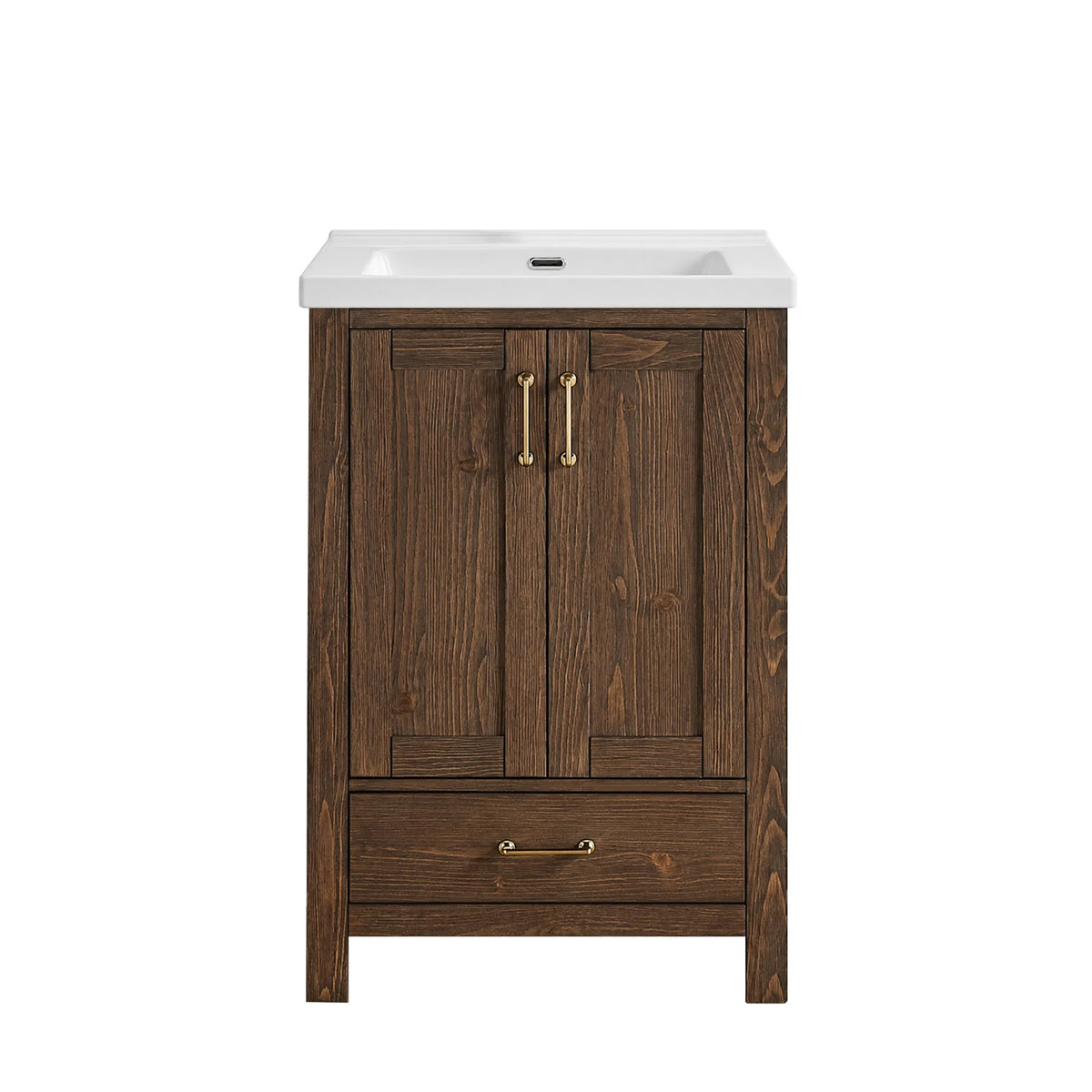 Spruce Aged Brown 24 inch single bathroom vanity, white ceramic sink top, two doors, one drawer, gold pulls
