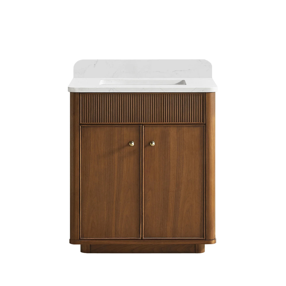 Natural Walnut 30 inch single sink bathroom vanity, two-door cabinet with a fluted top rail, on white