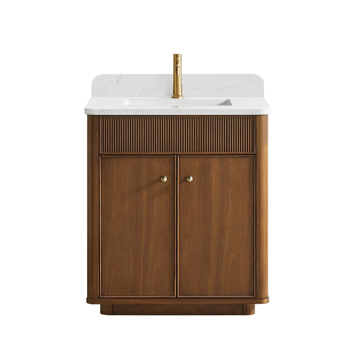 Natural Walnut single sink vanity at 30 inch on white, pictured with a gold faucet (not included)