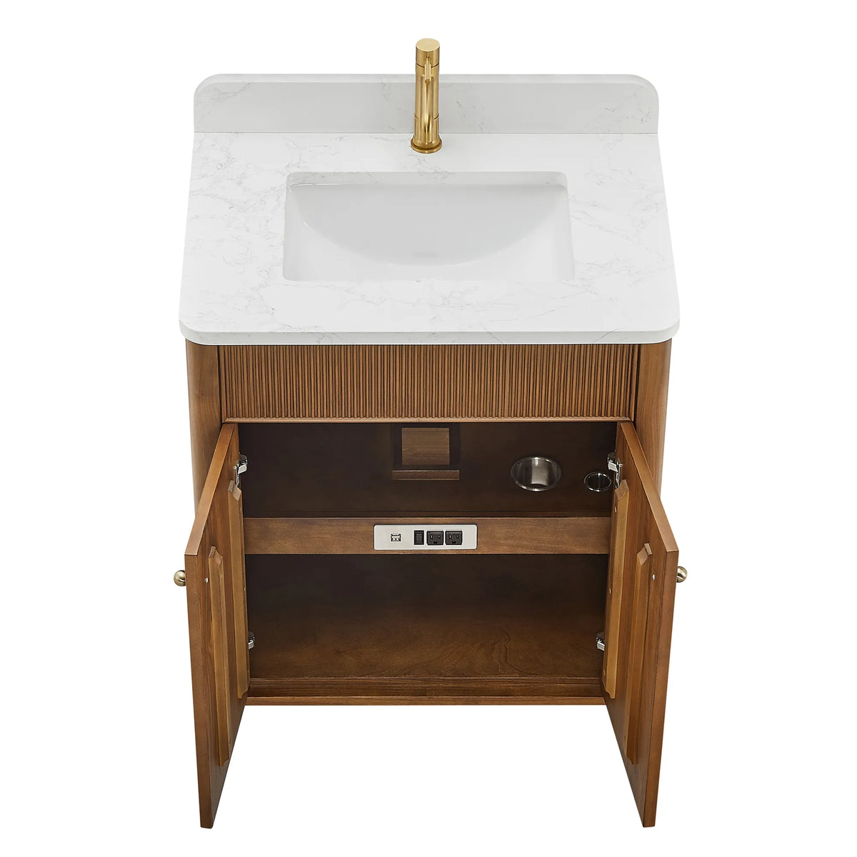 Natural Walnut vanity seen from above with its doors swung open on the shelf and outlet strip