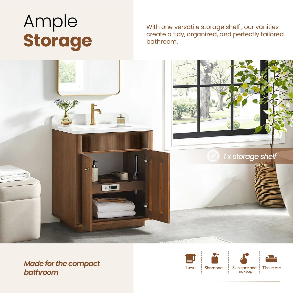 Feature panel showing the cabinet interior with one storage shelf behind the doors