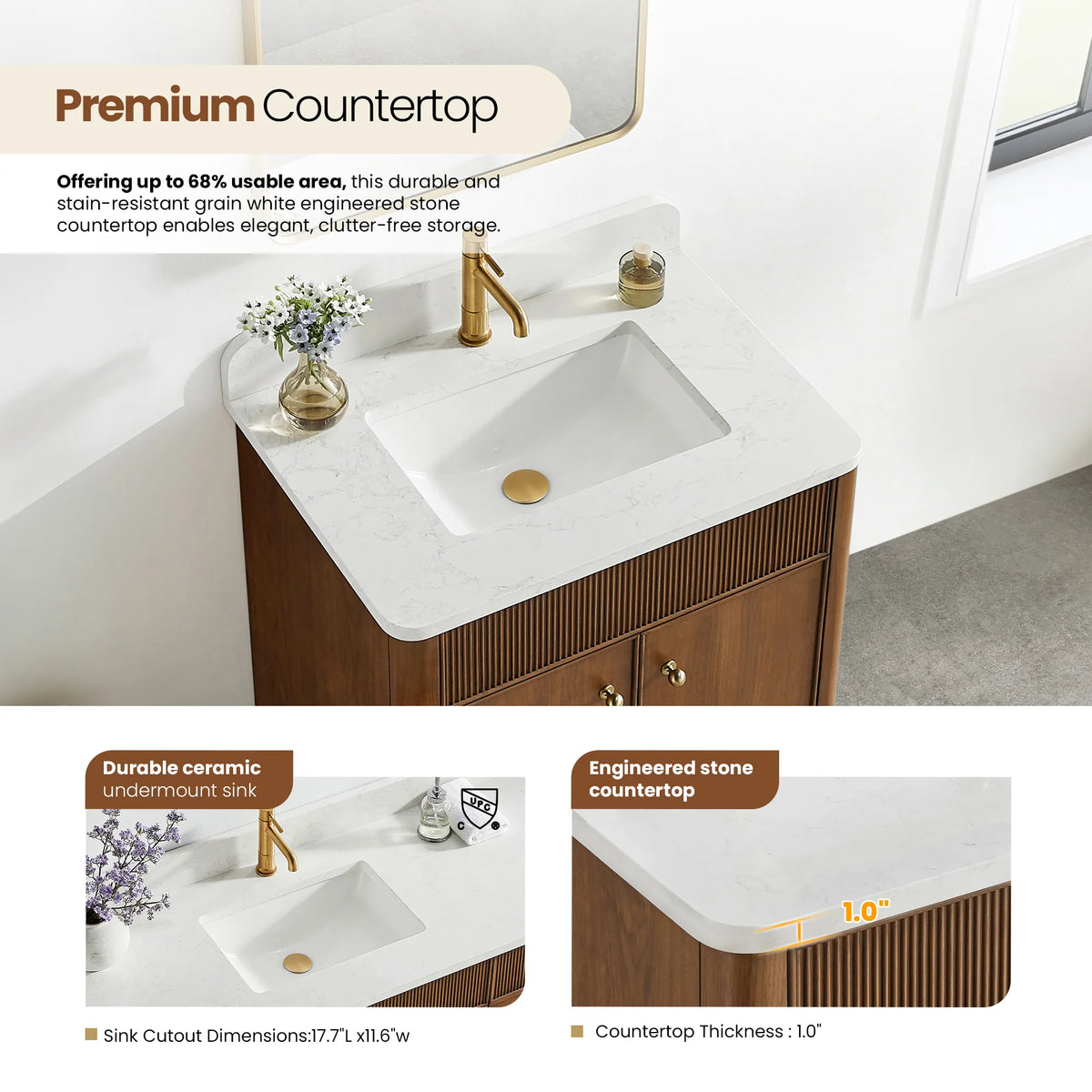 Close view of the sink area with insets for the ceramic sink and the composite stone top edge