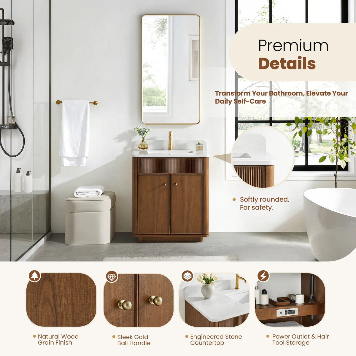 Bathroom view with a detail strip: wood grain, gold ball handle, stone top and hair tool outlets