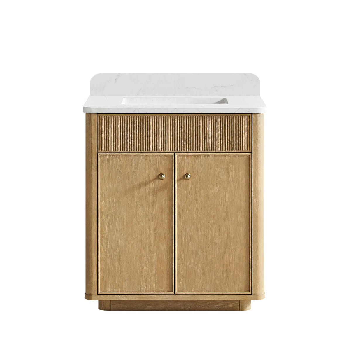 Washed Ash Grey 30 inch single sink bathroom vanity, two-door cabinet with a fluted top rail, on white