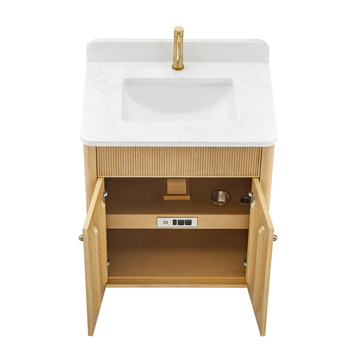 Washed Ash Grey vanity seen from above with its doors swung open on the shelf and outlet strip