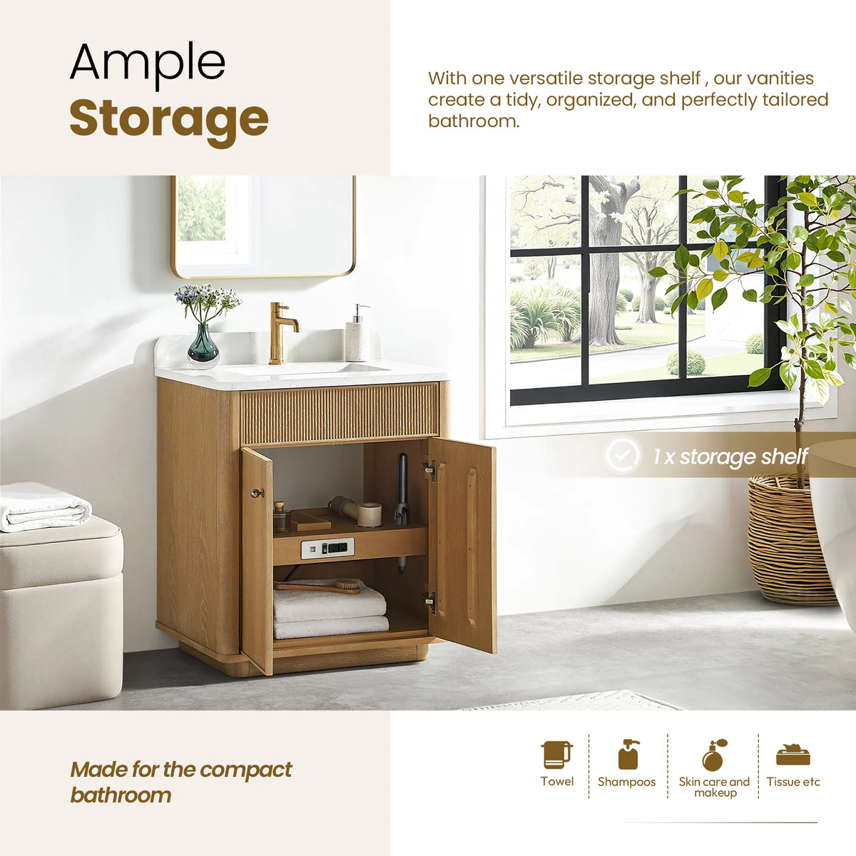 Feature panel showing the cabinet interior with one storage shelf behind the doors