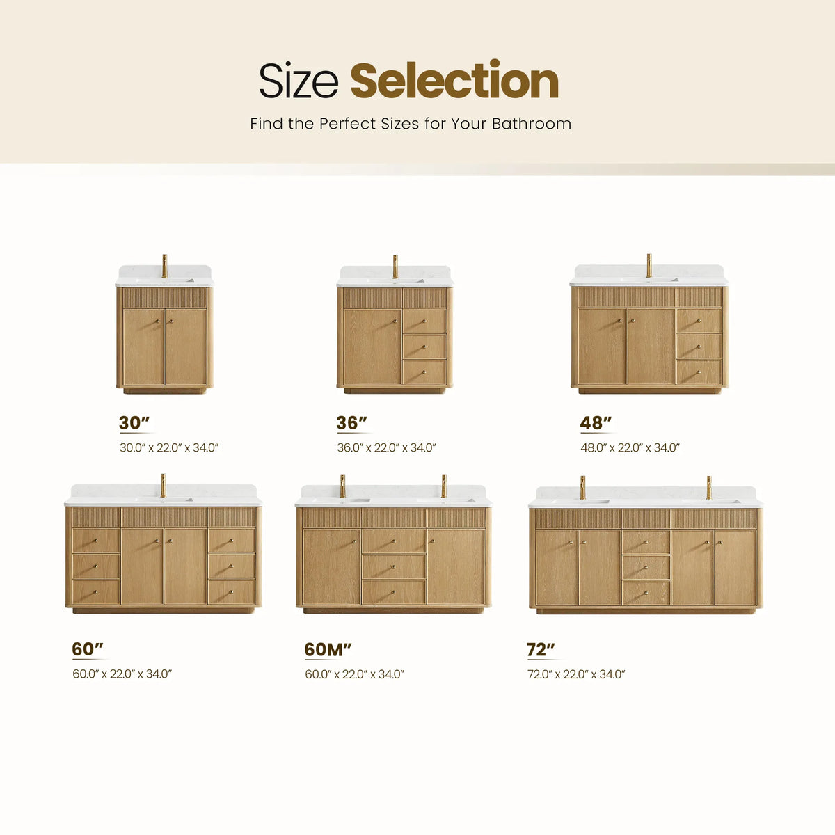 Size chart of the Washed Ash Grey vanity with width, depth and height listed under each size