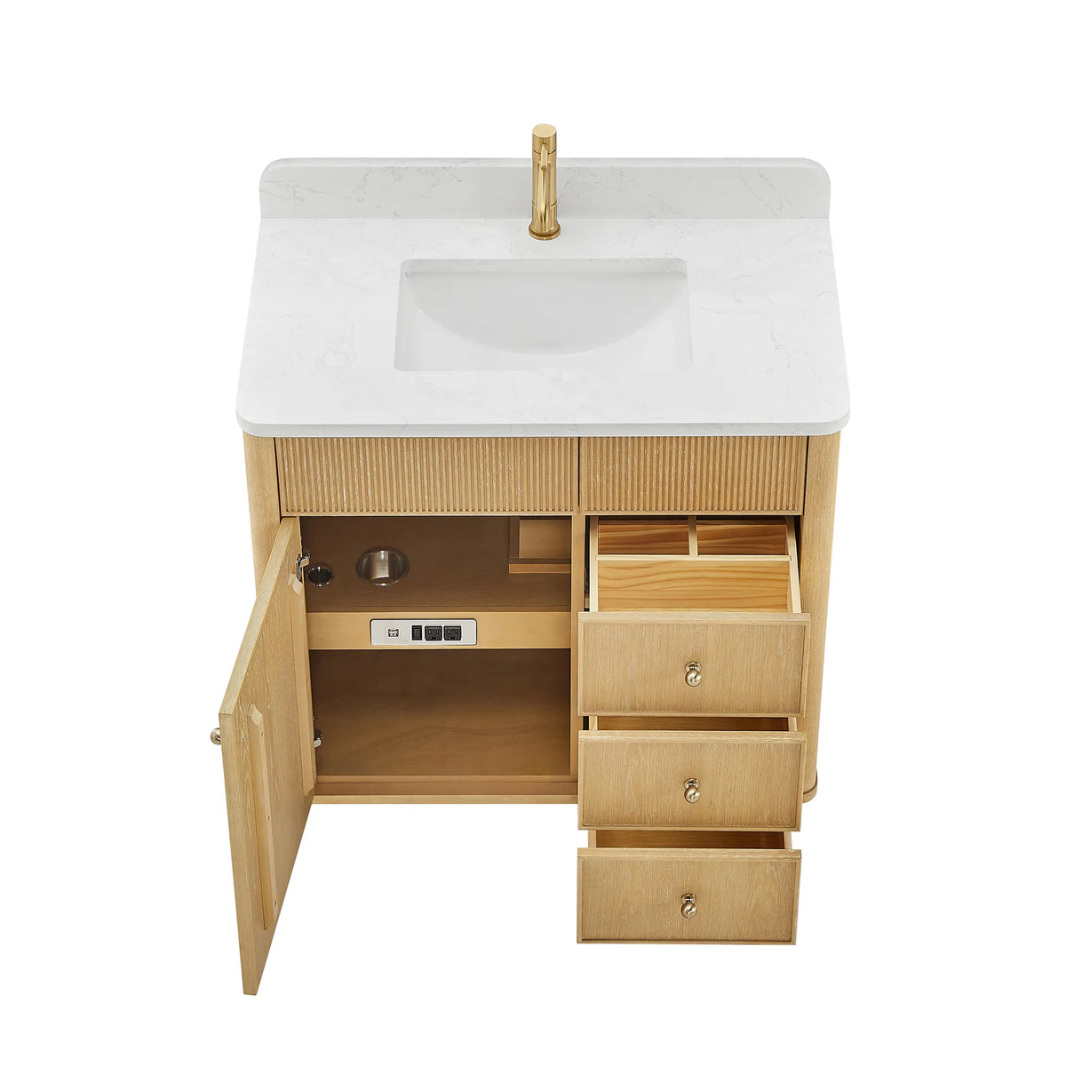 Washed Ash Grey vanity seen from above with its doors and drawers swung open on the shelf and outlet strip