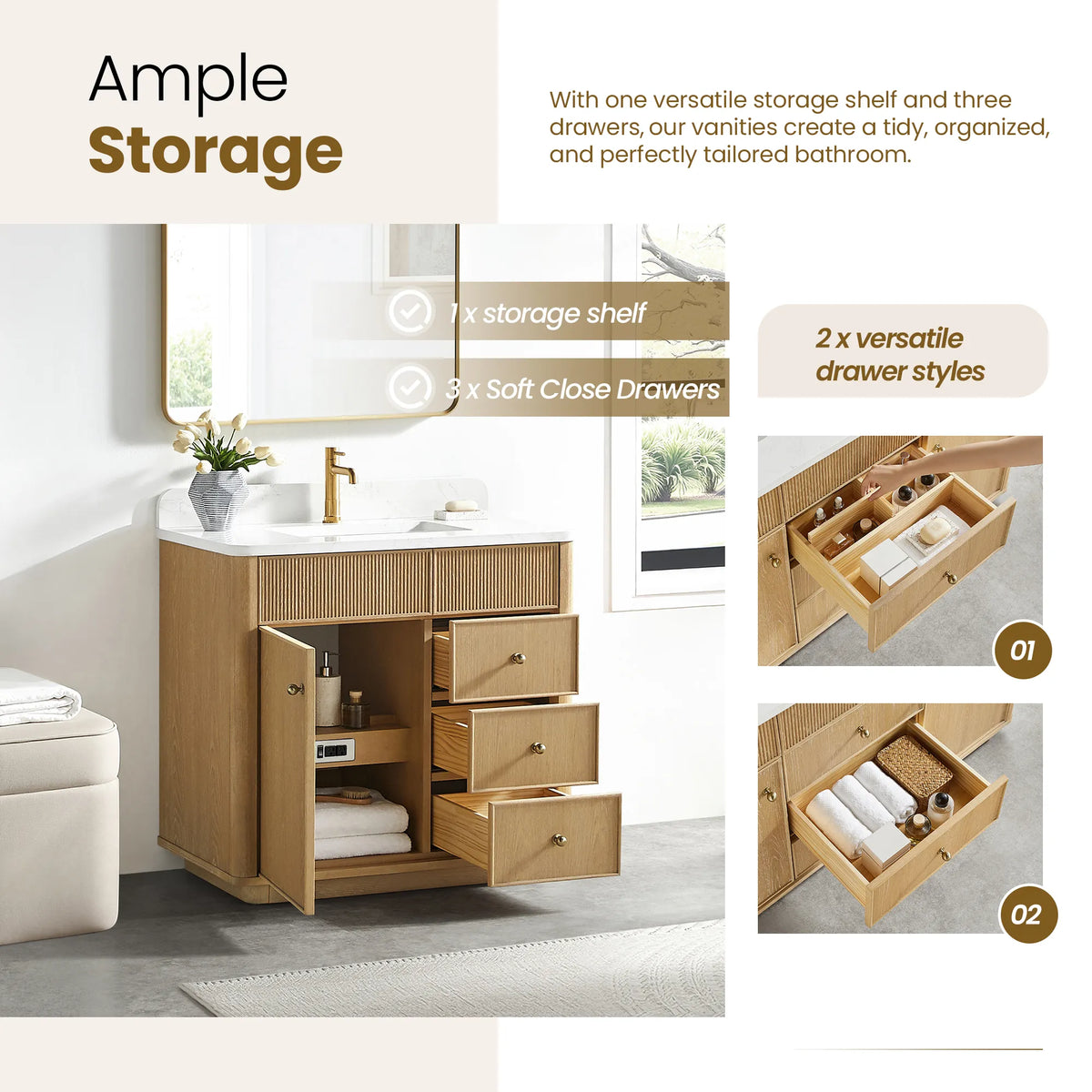 Storage callout listing one fixed shelf and three soft-close drawers, with drawer interiors