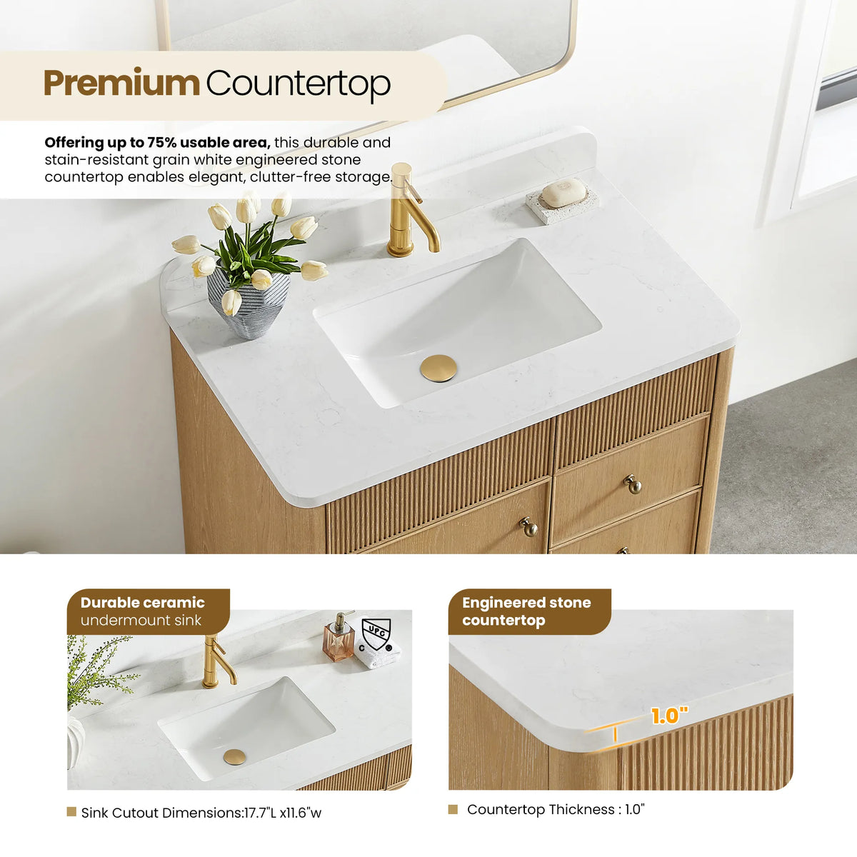 Close view of the sink area with insets for the ceramic sink and the composite stone top edge