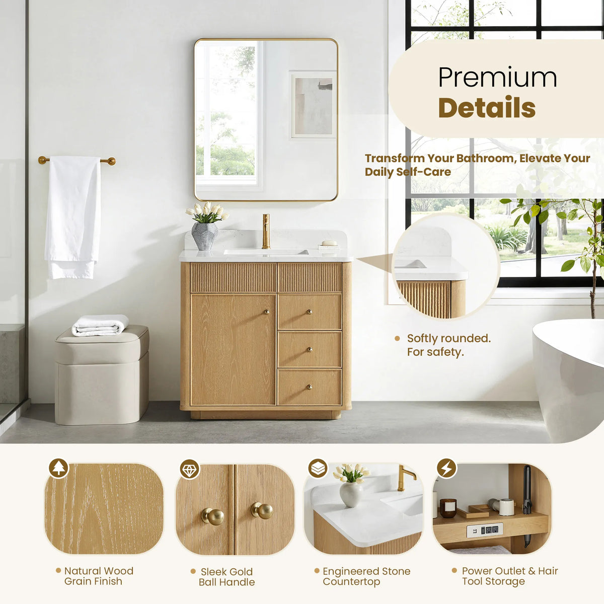 Bathroom view with a detail strip: wood grain, gold ball handle, stone top and hair tool outlets