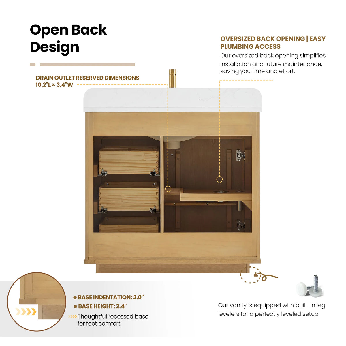 Rear diagram of the Washed Ash Grey cabinet, labeled with the oversized back opening for plumbing