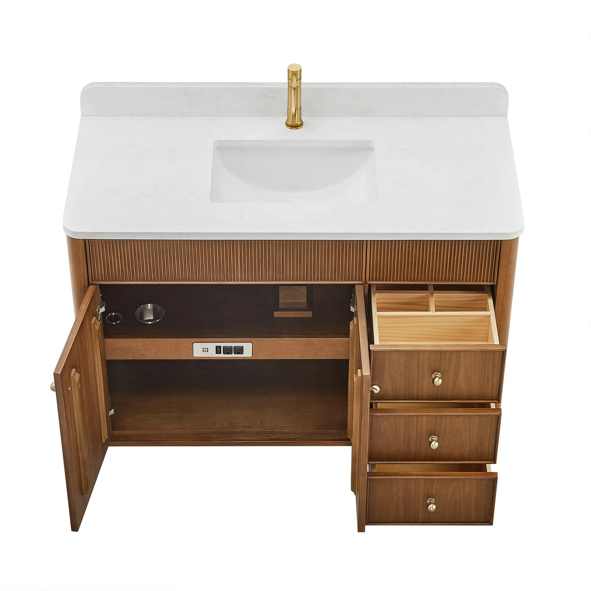 Natural Walnut vanity seen from above with its doors and drawers swung open on the shelf and outlet strip
