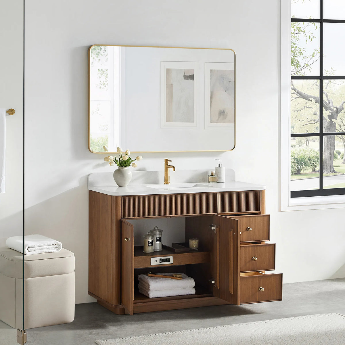 Open storage on the Natural Walnut vanity: doors and drawers swung back and towels stacked on the shelf