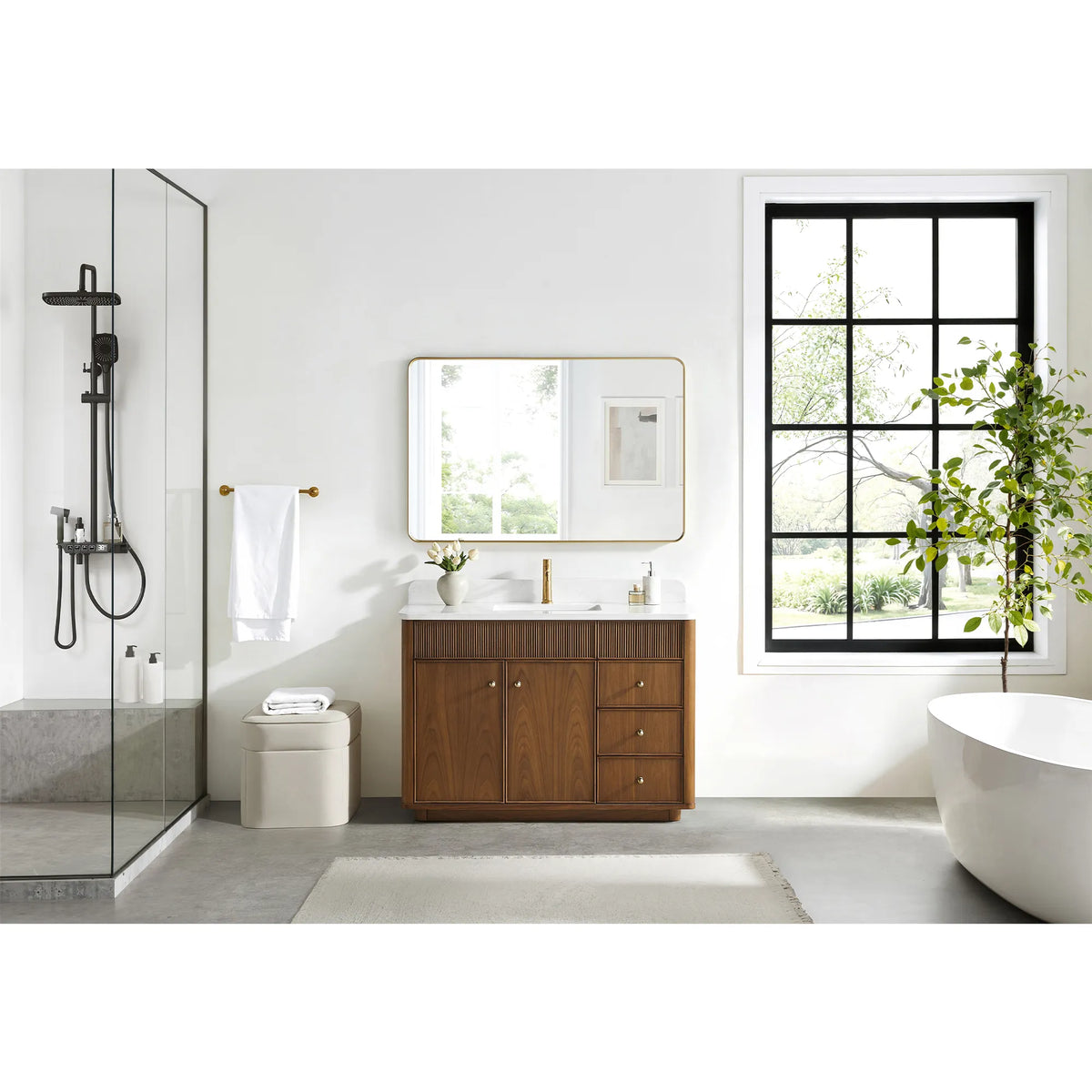 Full room setting for the 48 inch vanity in Natural Walnut, a glass shower on one side and a tub on the other