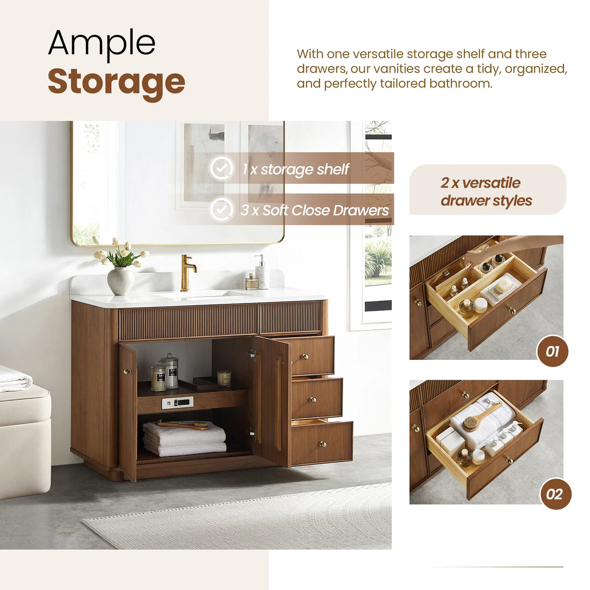 Storage callout listing one fixed shelf and three soft-close drawers, with drawer interiors